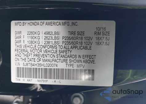 2017 Acura Rdx Acurawatch Plus Package from USA, damaged, VIN 5J8TB4H35HL020074
